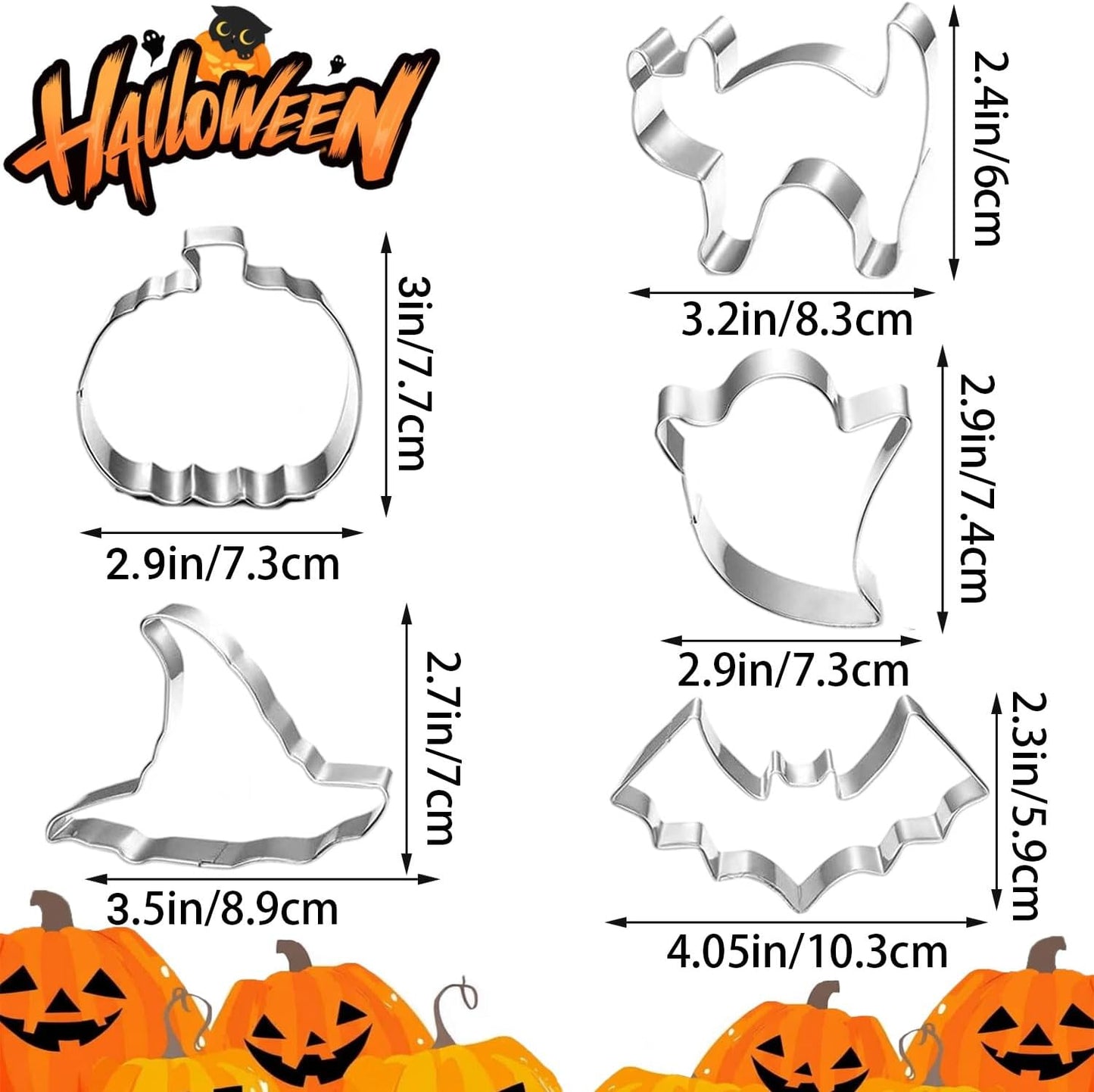 5-PIECE Halloween Cookie Cutters Set Stainless Steel cookie cutter molds Pumpkin, Bat, Ghost, Witch's Hat, Cat Cat Cookie Cutters Holiday Decorative Party Supplies
