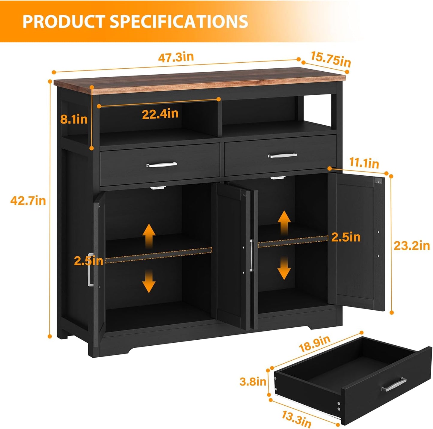 Buffet Sideboard with Storage Farmhouse with 4 Doors, 47'' Large Kitchen Storage Cabinet Wood Coffee Bar Cabinet Buffet Table with Shelves for Kitchen, Dining Room, Entryway