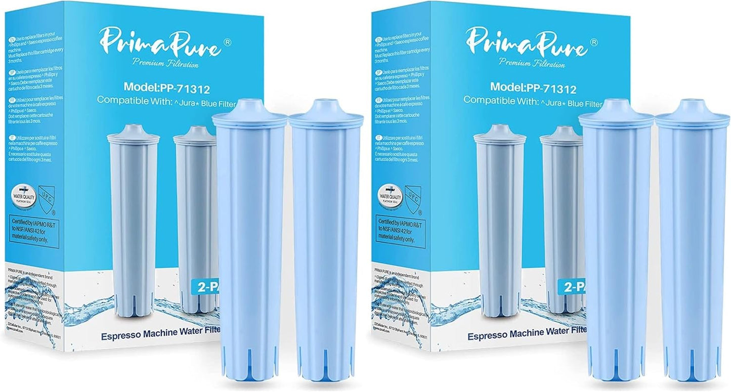 4-Pack PrimaPure Coffee Machine Water Filter Replacement for Jura Clearyl Blue 71445, 67879, ENA3, ENA5, J6, J9, J95 Certified To NSF/ANSI 42 by IAPMO R&T
