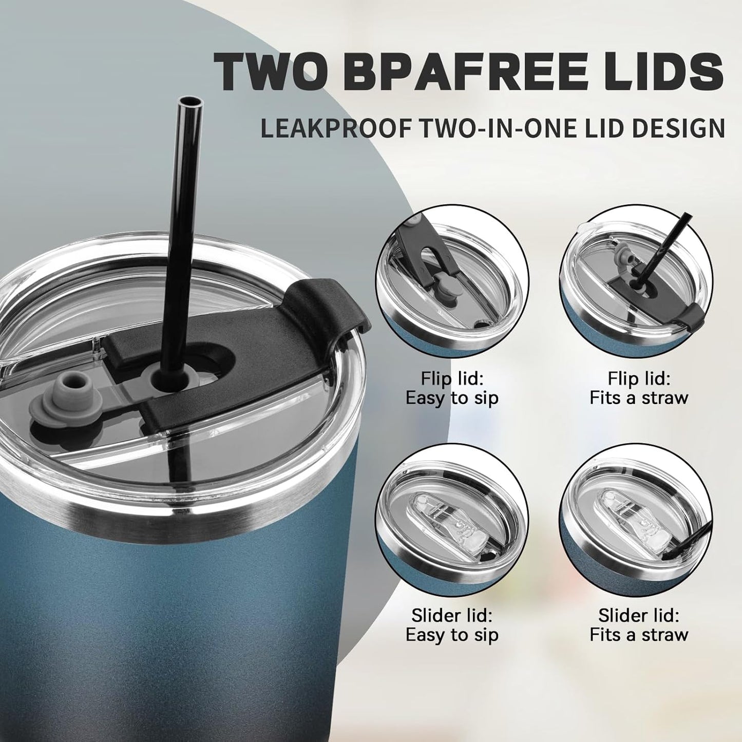 30 oz Tumbler with Lids and Straws, Stainless Steel Insulated Coffee Tumbler, Double Wall Vacuum Insulated Travel Mug Cup, Leakproof Thermal Coffee Cup for Hot and Cold Drinks (Blue Black)