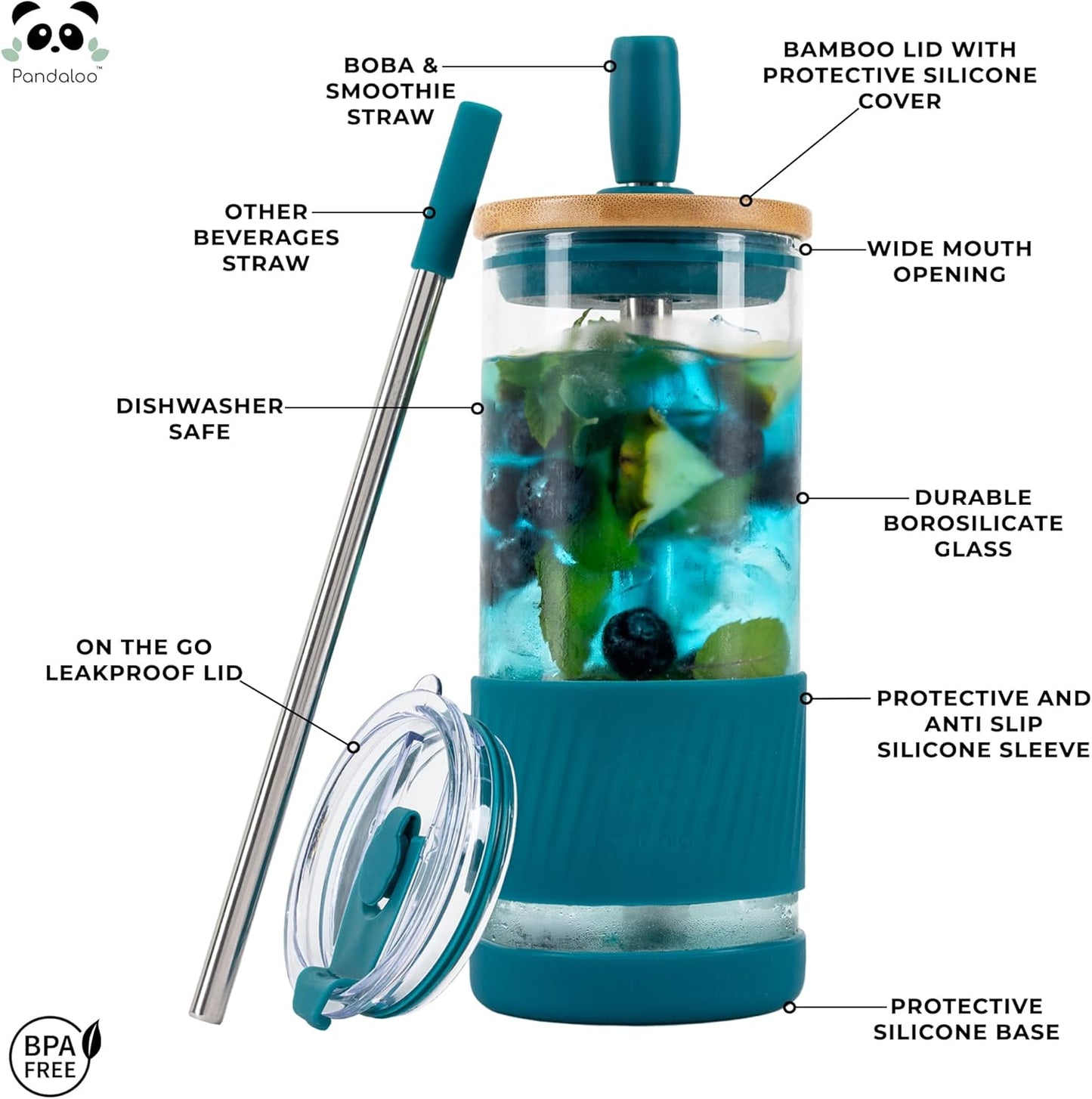 Pandaloo® Glass Cups With Lids and Straws -20 Fl Oz- Perfect Size Iced Coffee Cup - Smoothie Cup With Bamboo Lid and On the go Lid - Glass Tumbler (2 Count (Pack of 1), Intense Teal-Galactic Blue)
