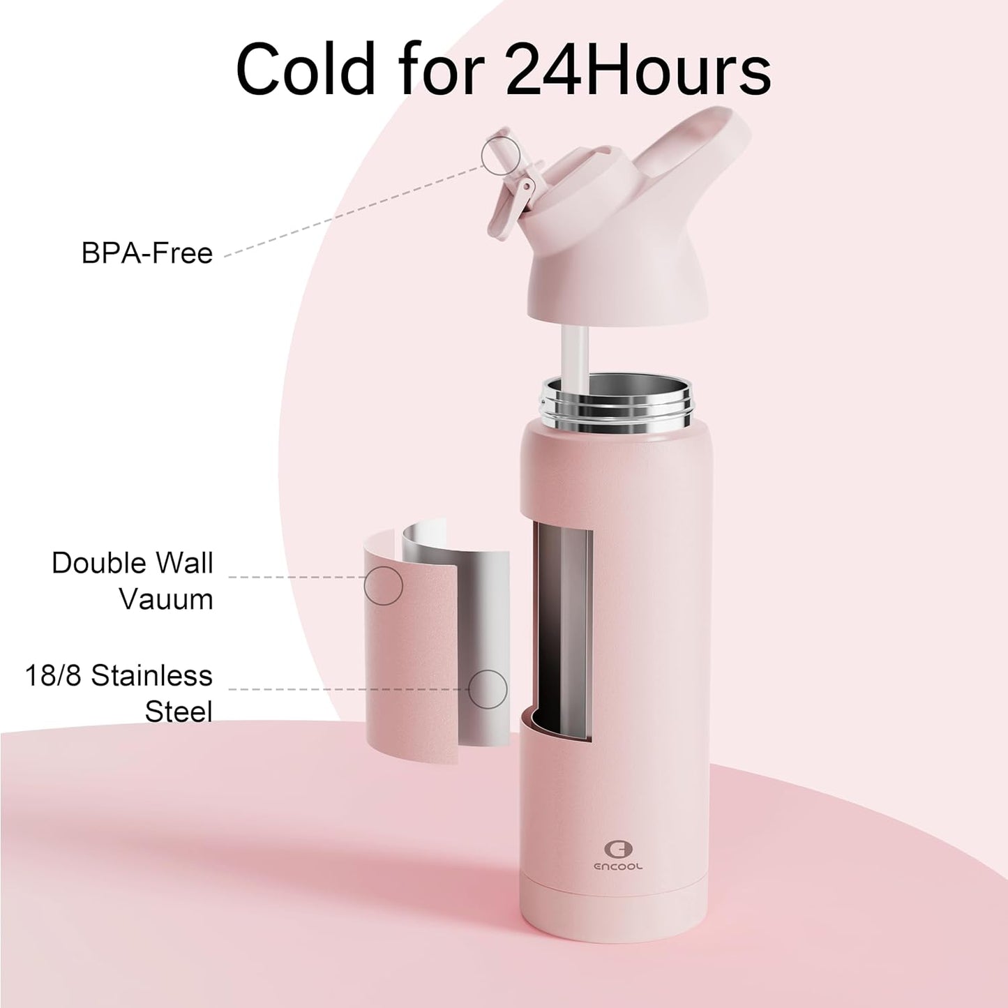 Insulated Water Bottle with Straw - Encool Stainless Steel Water Bottle, Reusable Leakproof and BPA-Free for Sports, Travel, Cold for 24 Hours, 24 oz, Cotton Candy