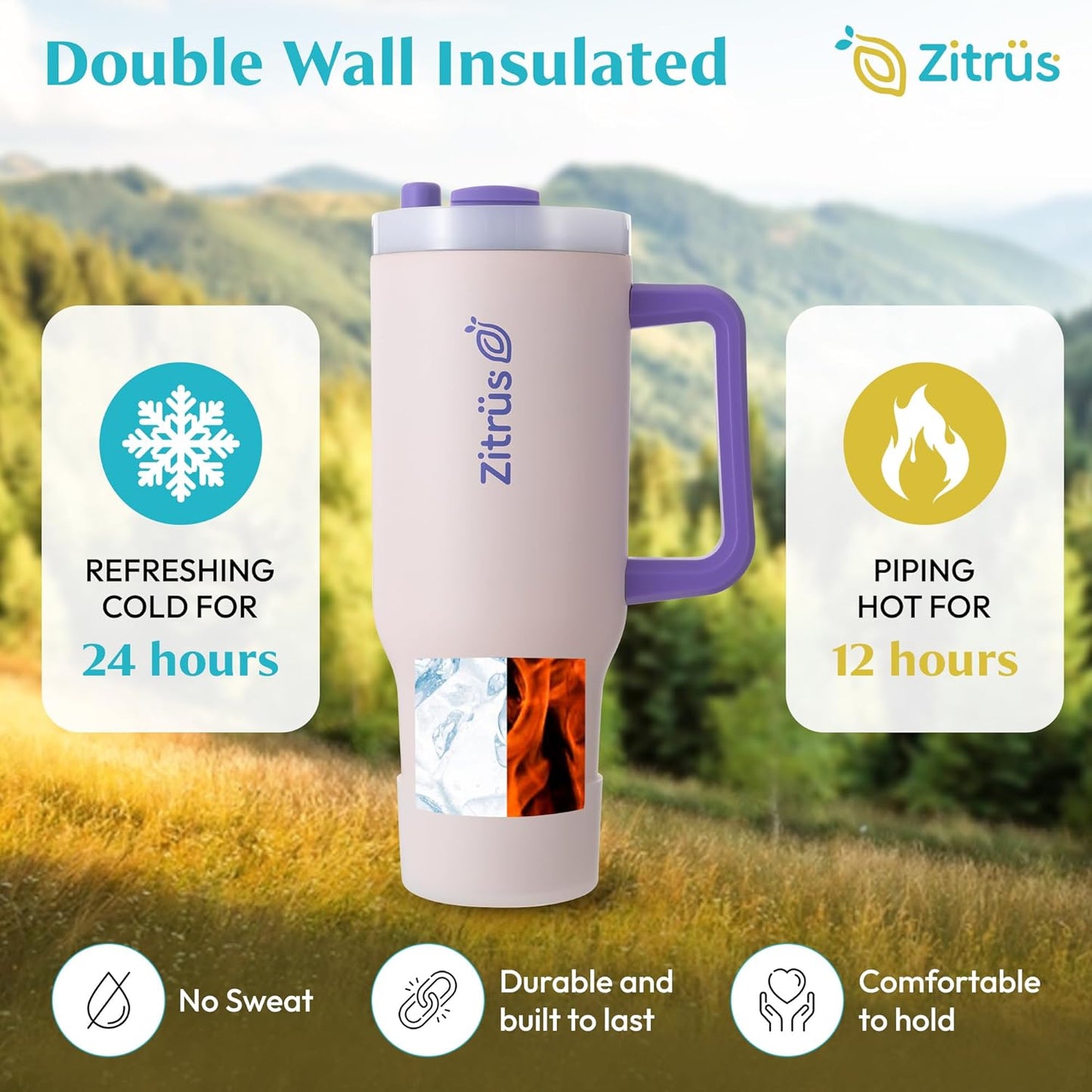 40 oz Tumbler with Handle and Straw | Leak Proof Insulated Stainless Steel Water Bottle Travel Mug Fits in Cup Holder | Keeps Cold Hot | Gifts for Women Men Him Her (Pink, 40 oz)