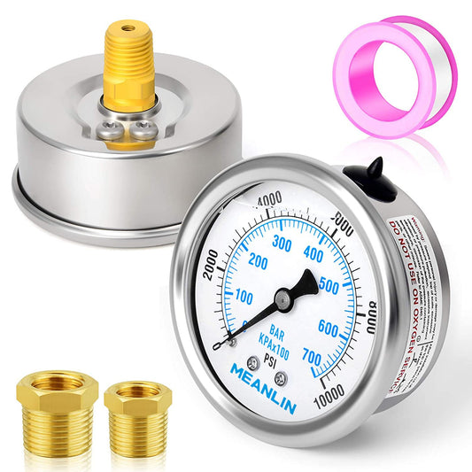 MEANLIN MEASURE 0~10000Psi Stainless Steel 1/4" NPT 2.5" FACE DIAL Liquid Filled Pressure Gauge WOG Water Oil Air Center Back Mount, with 1/4" x 1/2" NPT and 1/4" x 3/8" NPT Hex Bushing