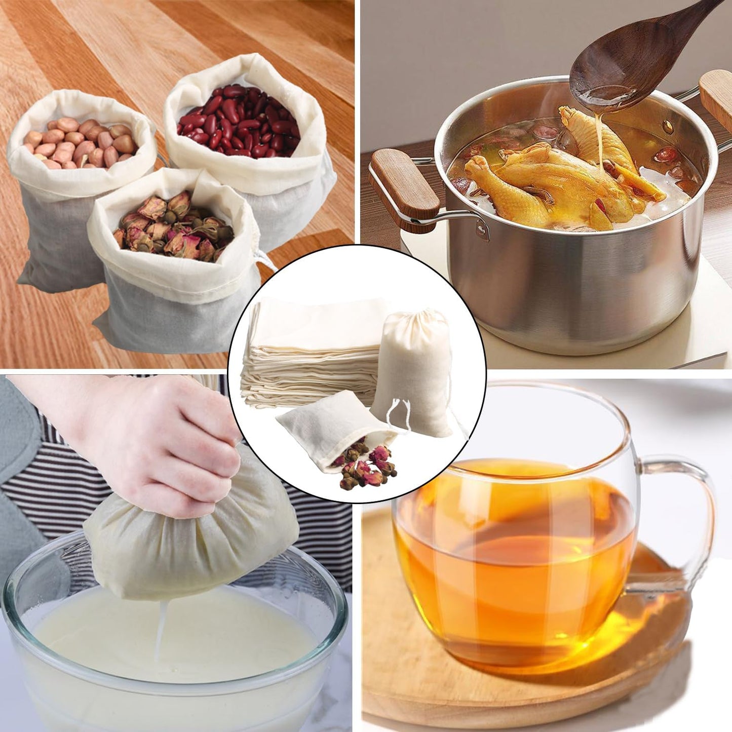 Eketirry Spice Bags, 20pcs Reusable Empty Tea Bags, Muslin Strainer Bags, Soup Bags for Cooking, Natural Cotton Fine Mesh Cheesecloth Bags for Cold Brew Coffee(4 x6" &7 x8")