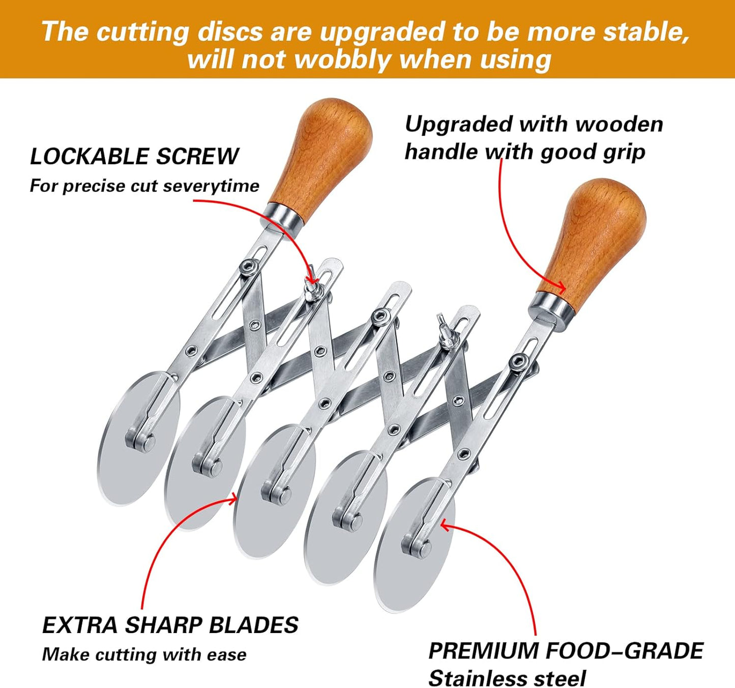 Juome 5 Wheel Pastry Cutter with Wooden Handle, Multi-Round Wheel Pasta Dough Cutter Roller Pizza Slicer Accordion Pastry Knife Divider Tool