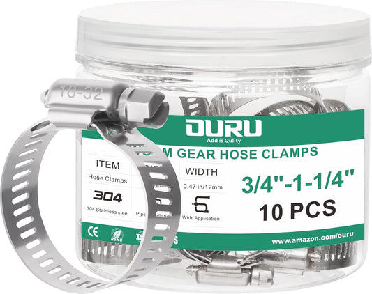10PCS Hose Clamps Stainless Steel Adjustable 3/4"–1-1/4"(18-32mm) Worm Gear Hose Clamp, Heavy Duty Metal Small Hose Clamps for Automotive, Pipe, Radiator Plumbing, Fuel Line