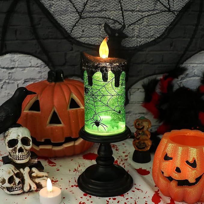 Eldnacele Halloween Snow Globe Candles Lighted Lamp, Battery Operated Spooky Spinning Water Glittering Tornado Candle Flameless Candles Table Centerpiece for Halloween Decoration Indoor(Spider)