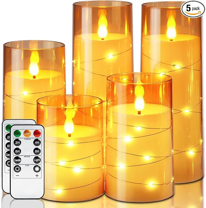 Homemory Acrylic Flameless Candles with Embedded Star String Fairy Lights, Battery Operated Candle, LED Candles, Fake Candles with Remote Control and Timer for Halloween, Amber, Set of 5(H4"5"6"8"8")