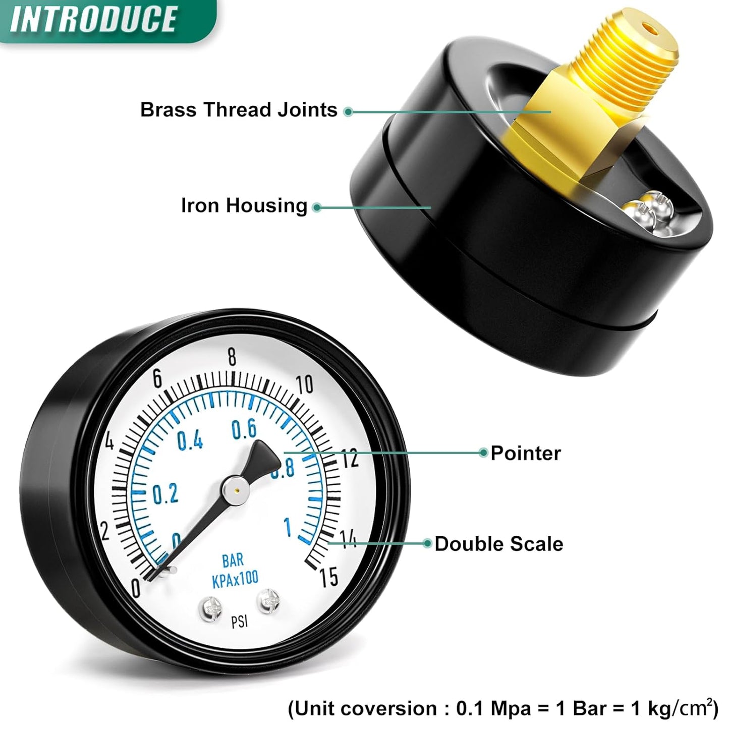 0-15PSI Well Pump Pressure Gauge 2" Dial Size, 1/4" NPT Back Mount, 3-2-3% Accuracy, for Tube, Water Pump, Gas, Liquid, Pressure Test