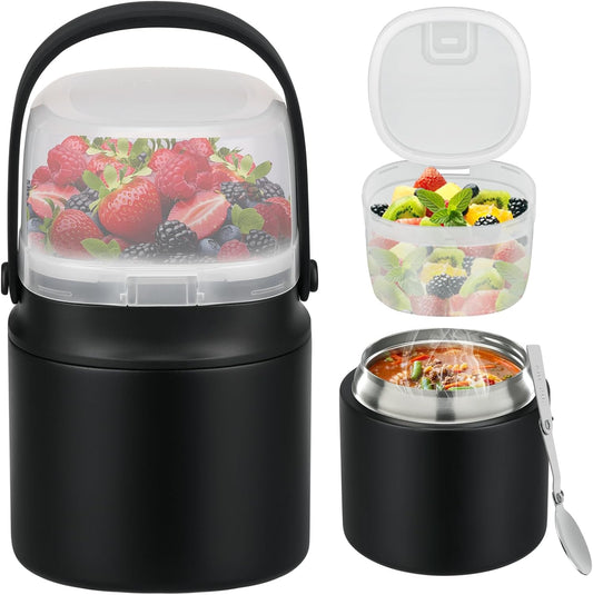 2 - in - 1 Soup Thermo for Hot Food 14oz with Snack Box Container Leak Proof Insulated Lunch Container Kids and Adults Stainless Steel Double Wall Vacuum Wide-mouth Thermal with Spoon and Handle