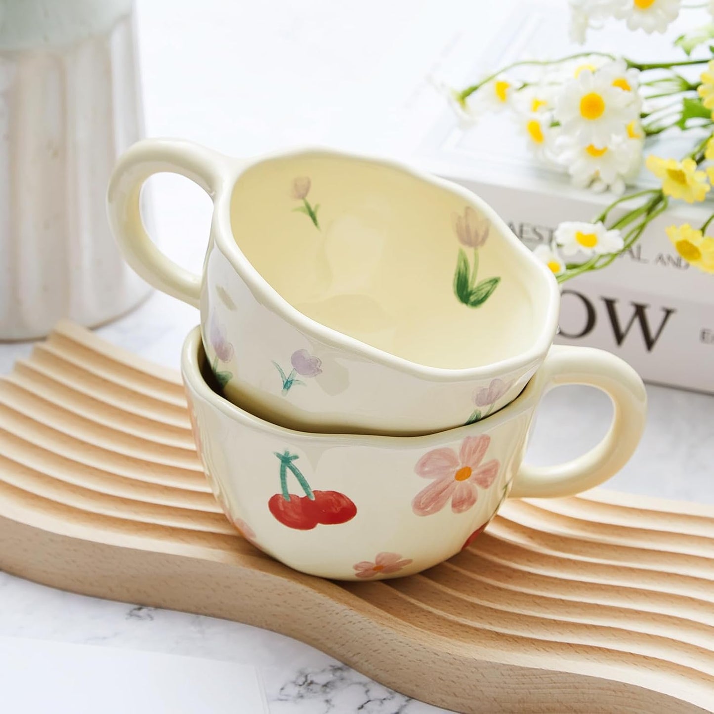 Vesici 2 Pcs Ceramic Coffee Mugs Flower Cups with Spoon Vintage Floral Mugs with Handle 8.5 oz Aesthetic Tea Porcelain Cup Gift for Valentine Office Home, Dishwasher and Microwave Safe(Cherry)