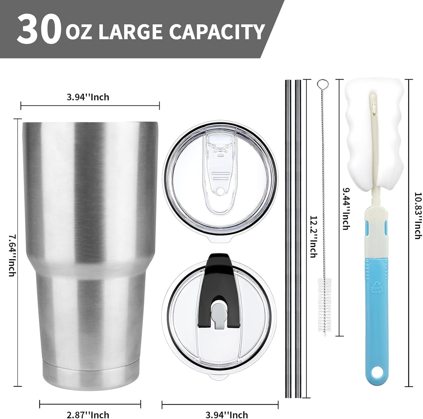 30 oz Tumbler with Lids and Straws, Stainless Steel Insulated Coffee Tumbler, Double Wall Vacuum Insulated Travel Mug Cup, Leakproof Thermal Coffee Cup for Hot and Cold Drinks(Silver)