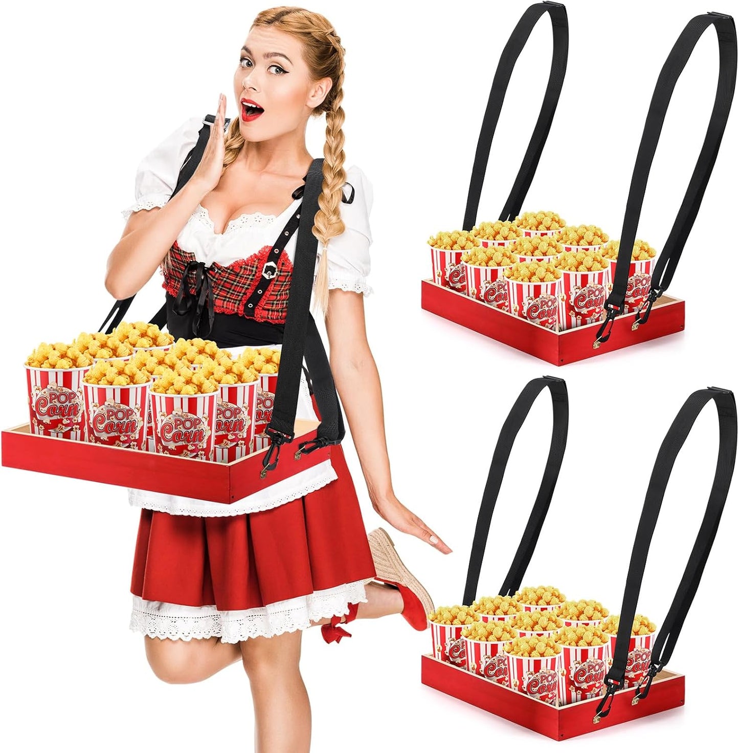 Marsui 2 Pcs Halloween Snack Trays with Straps 15 x 11 x 2 Inch Wooden Movie Night Snack Drink Trays Vendor Usherette Popcorn Drink Beverage Carrier for 20's Theme Carnival Party Costume(Red)
