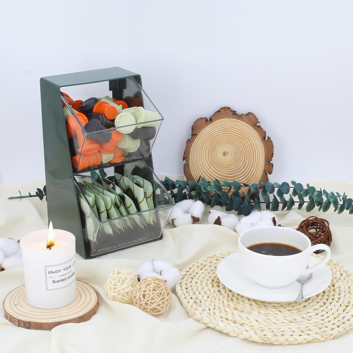 2 Pack Coffee Pod Holder K Cup Storage Organizer for Home Office Bar Countertop Organiser Storage Bins for Coffee Station Counter Container for Tea bag Sugar Creamer Filter Green