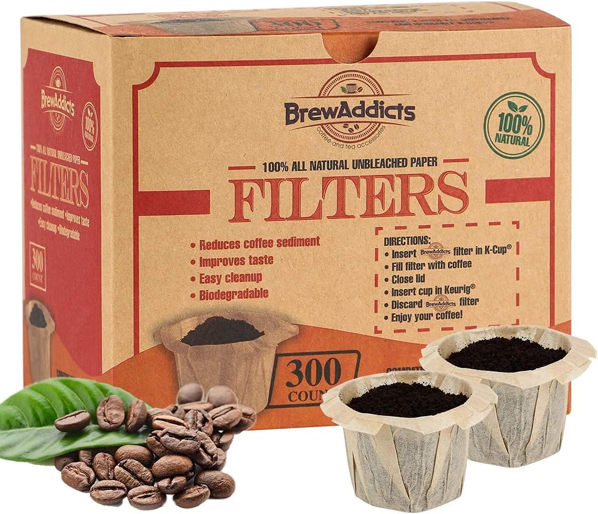 300 Paper Coffee Single-Use Filters, Brown, All-Natural & Unbleached for Keurig Brewers and Compatible with K-Cup Pods 1.0 & 2.0 Models, Disposable filters
