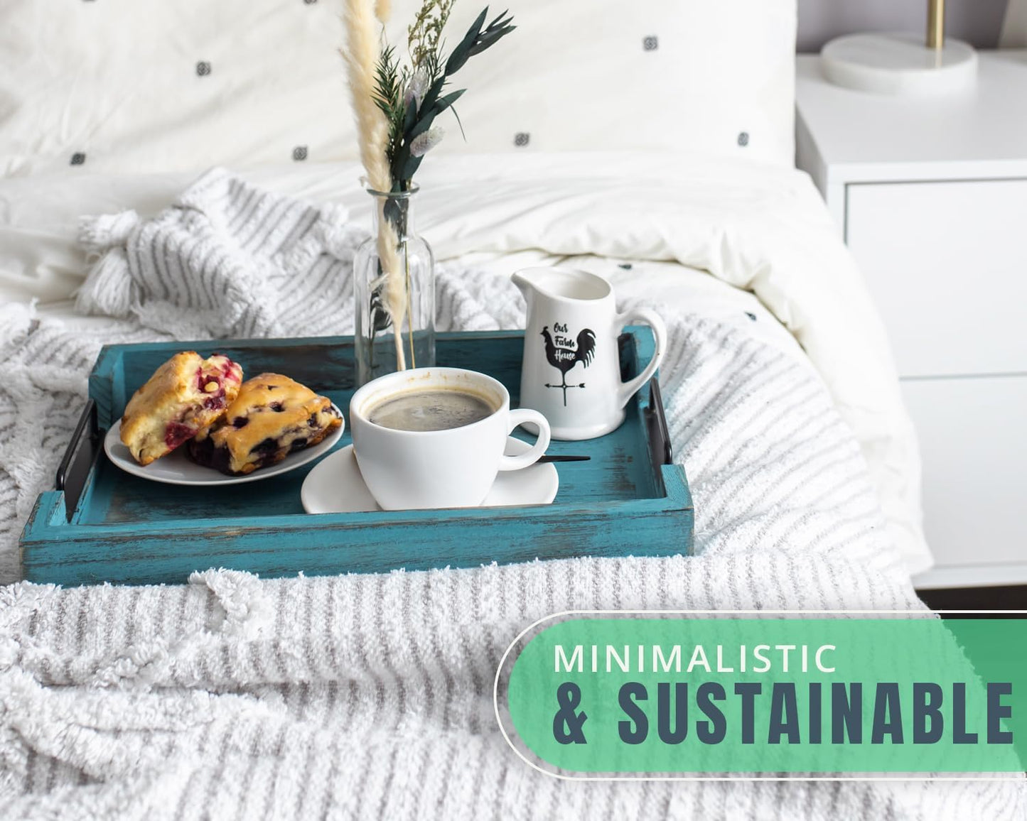 Rustic Wooden Serving Trays with Handle - Set of 2 - Large and Small, Nesting Multipurpose Trays - for Breakfast, Coffee Table/Butler & More - Rustic Blue