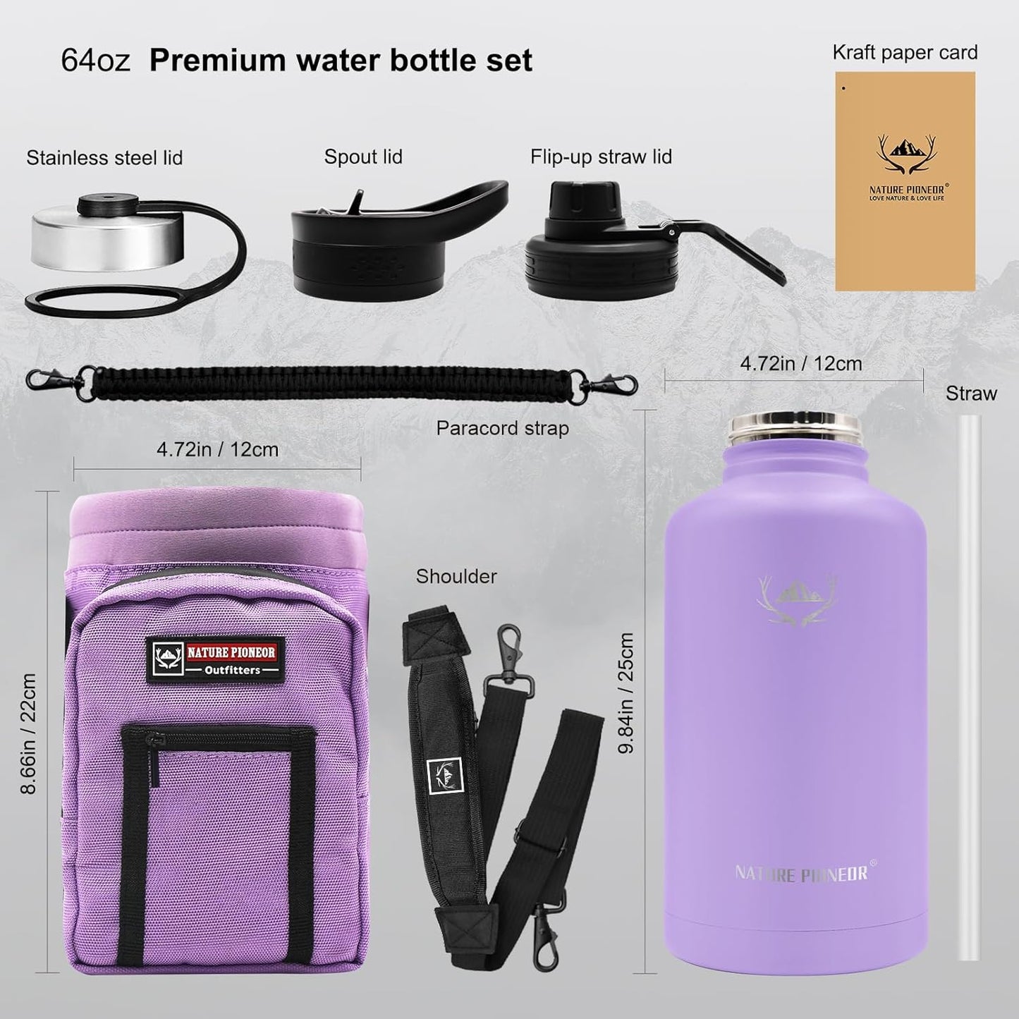 NATURE PIONEOR Insulated Water Bottles with Straw - 64oz Stainless Steel Vacuum Bottle with Holder/Carrier/Sleeve - Reusable 18/8 Food Grade Half Gallon Water Jug