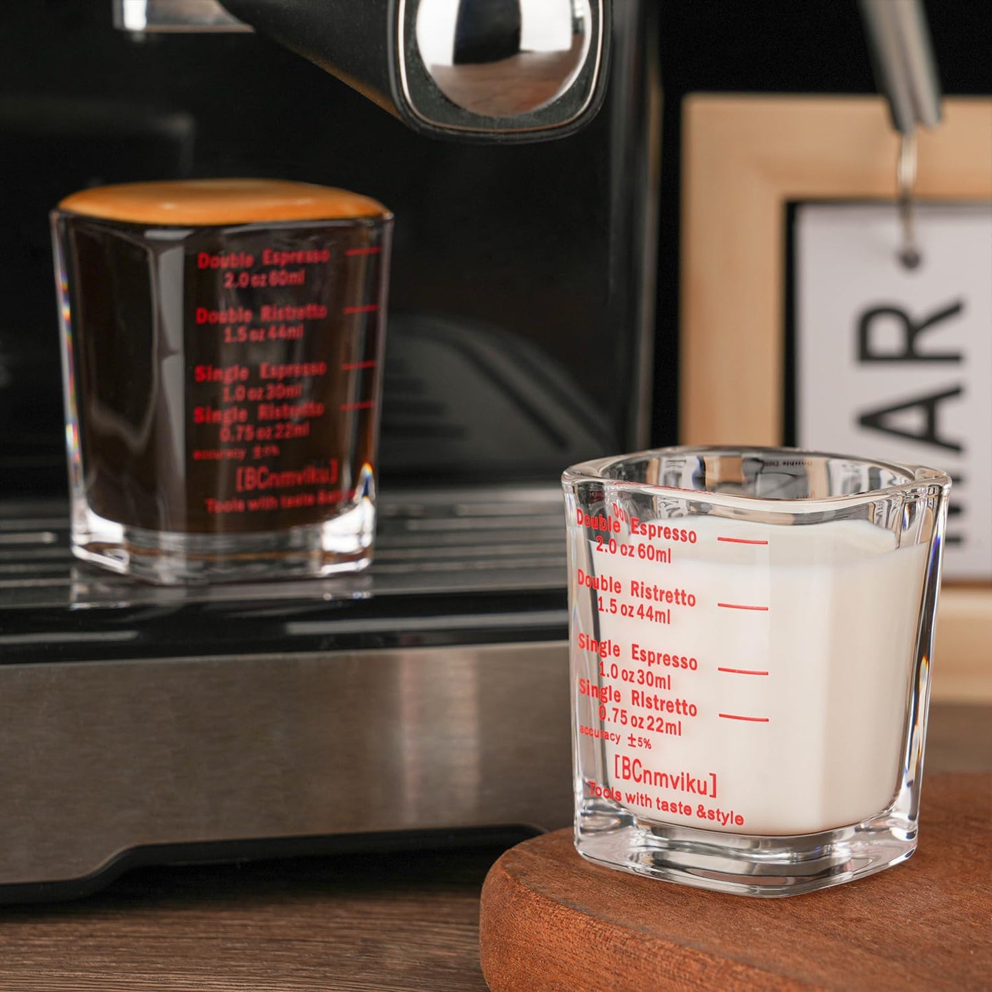 BCnmviku 2 PACK Red line Square Cup Espresso Shot Glasses Measuring Cup Liquid Heavy Glass for Baristas 2oz for Single Shot of Ristrettos