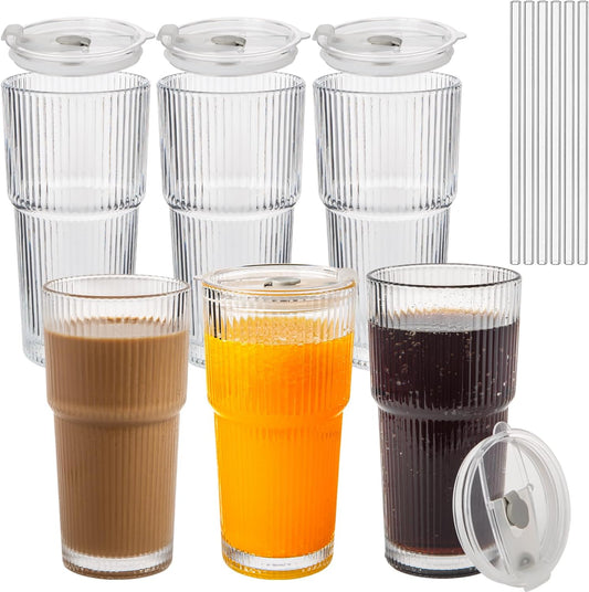 20oz Ribbed Glass Cups with Lids and Straws 2 Set, Vintage Glassware for Whiskey Cocktail Beer, Glass Tumbler, Iced Coffee Cups For Cold Drinks, Smoothie, Juice,Drinking (6)