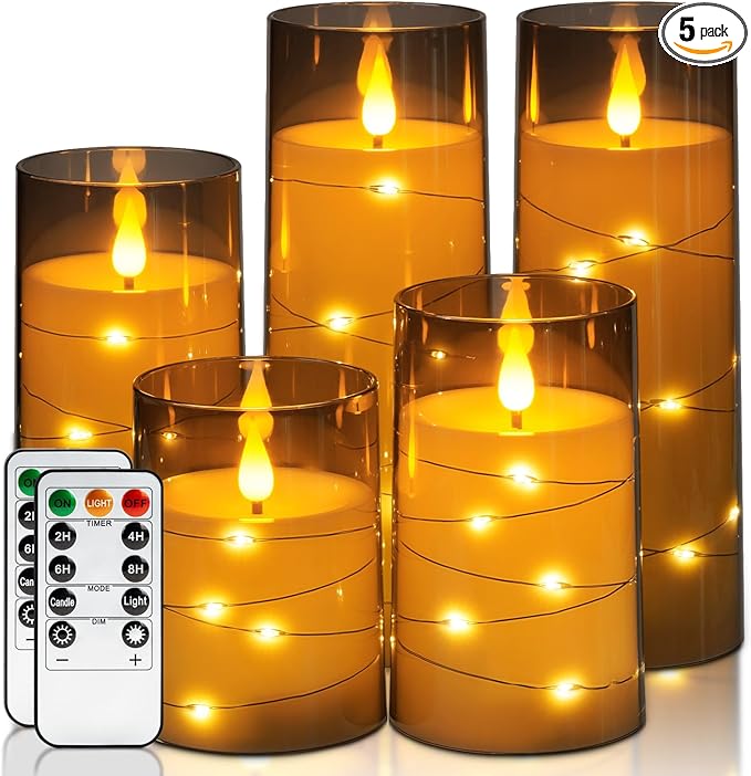 Homemory Flameless Candles with Embedded Star String Fairy Lights, Battery Operated Candles, LED Candle, Fake Candles with Remote Control and Timer for Halloween, Gray Acrylic, Set of 5(H4"5"6"8"8")