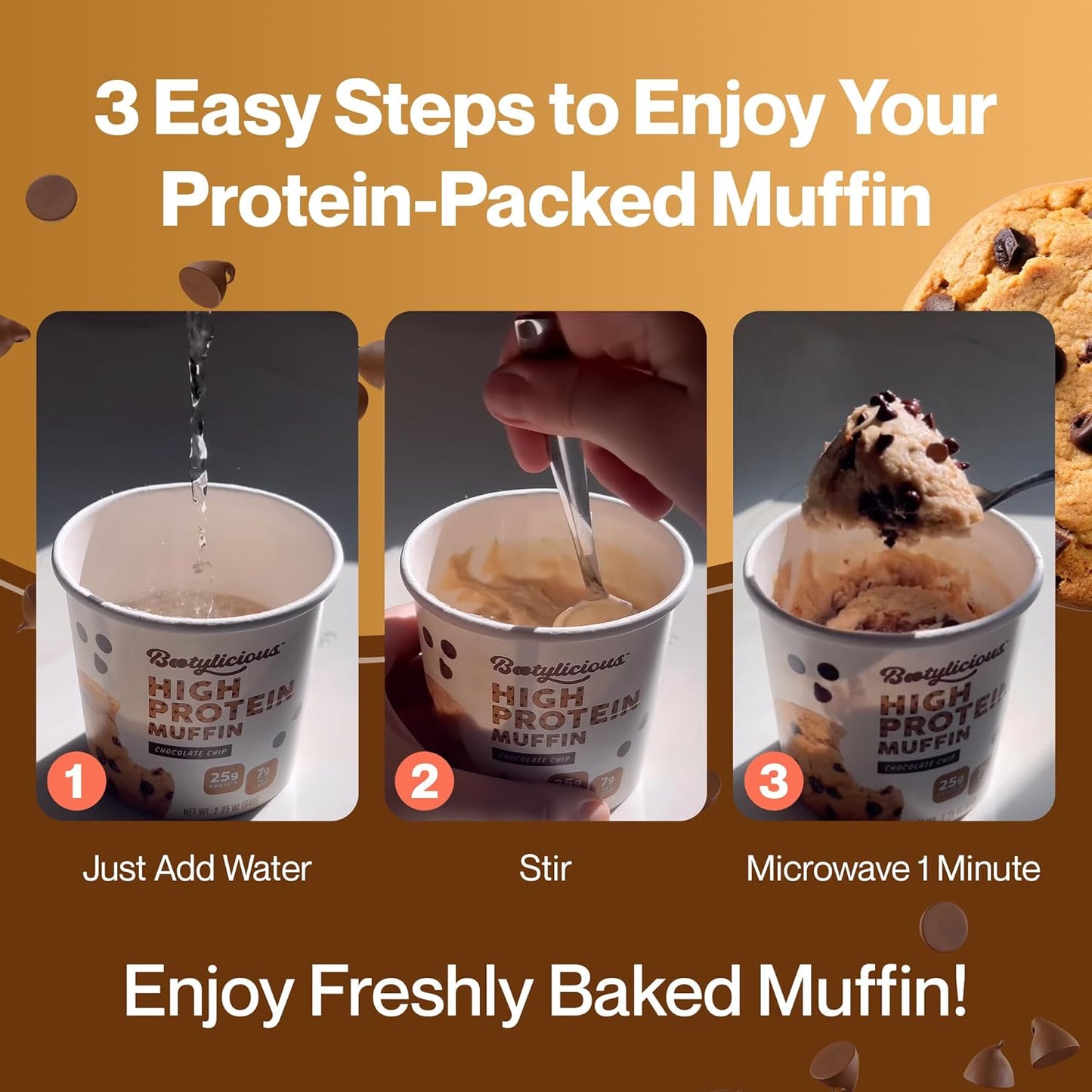 Bootylicious | High-Protein Muffin | 25g Protein, 7g Net Carbs, 1.86-1.76oz Cup, 12-Pack (Chocolate Chip)