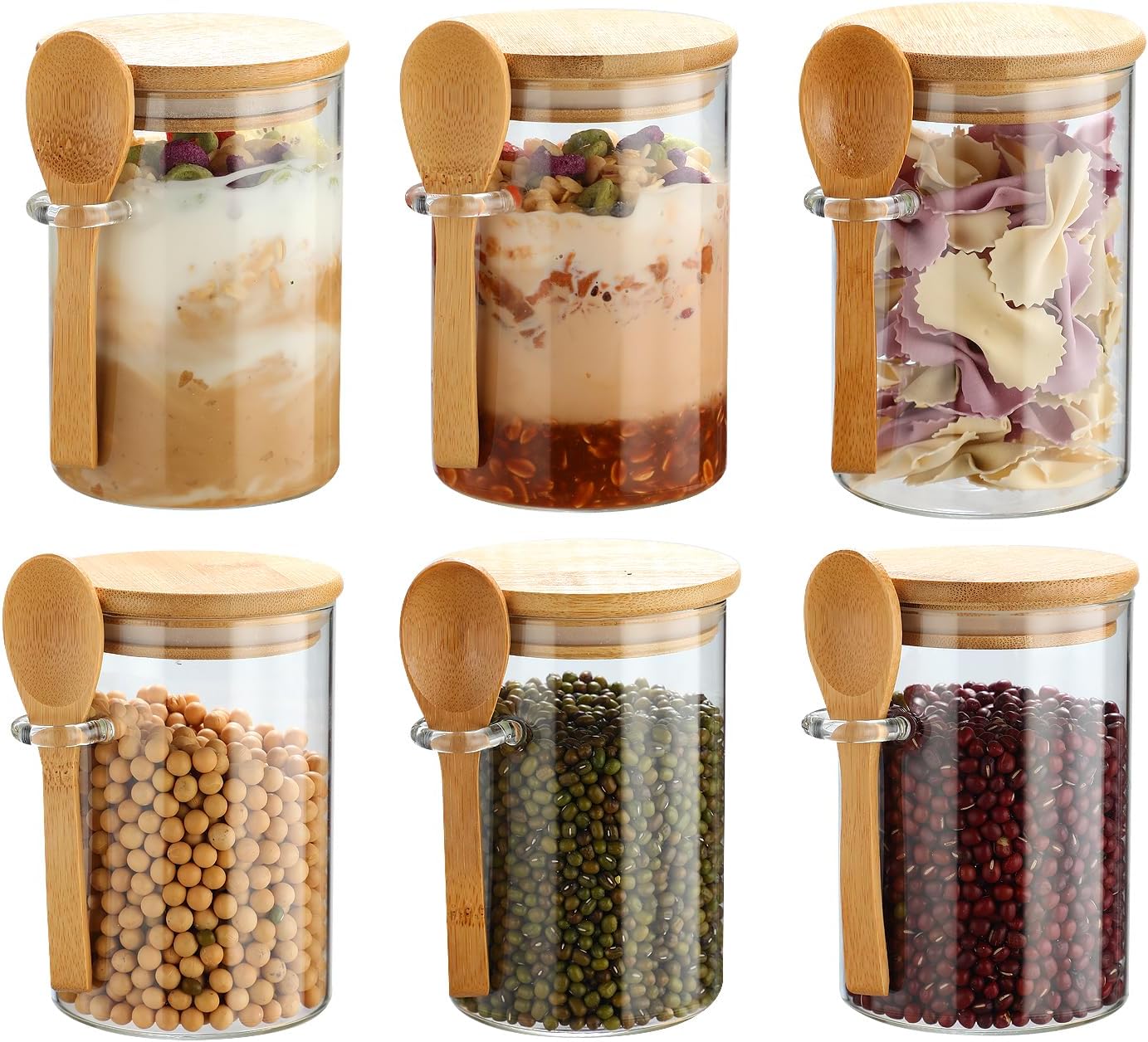 6 Pack Glass Jars with Bamboo Lids and Spoons for Loose Leaf Tea Storage, 17 OZ Glass Overnight Oat Container with Lid and Scoop, Glass Canister Set as Tea Container for Loose Leaf Tea Holder