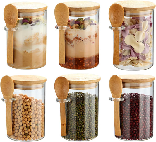 6 Pack Glass Jars with Bamboo Lids and Spoons for Loose Leaf Tea Storage, 17 OZ Glass Overnight Oat Container with Lid and Scoop, Glass Canister Set as Tea Container for Loose Leaf Tea Holder