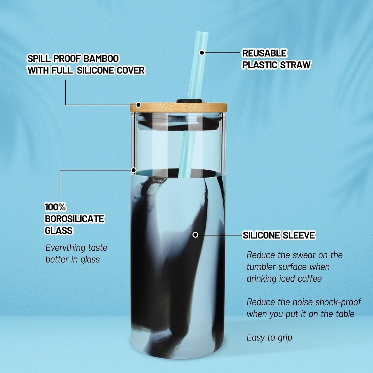 Tronco 24 oz Glass Tumbler with Straw and Lid - Glass Cup with Lid and Straw, Smoothie Cup, Iced Coffee Cup - Bamboo Lid and Protective Silicone Sleeve - BPA-Free