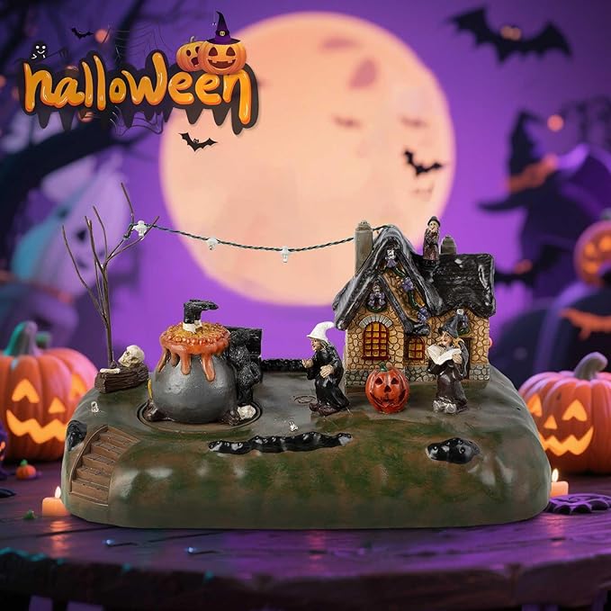 Halloween Village Witch Cauldron Bubble Figurine with Lit House Spooky Town Indoor Decoration Accessories for Holiday Display, Battery Operated