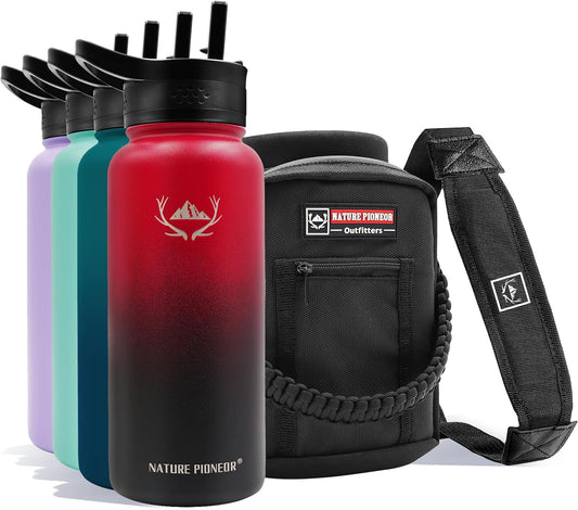 NATURE PIONEOR Insulated Water Bottles with Straw - 32oz Stainless Steel Vacuum Bottle with Holder/Carrier/Sleeve - Reusable 18/8 Food Grade 32 oz Water Jug