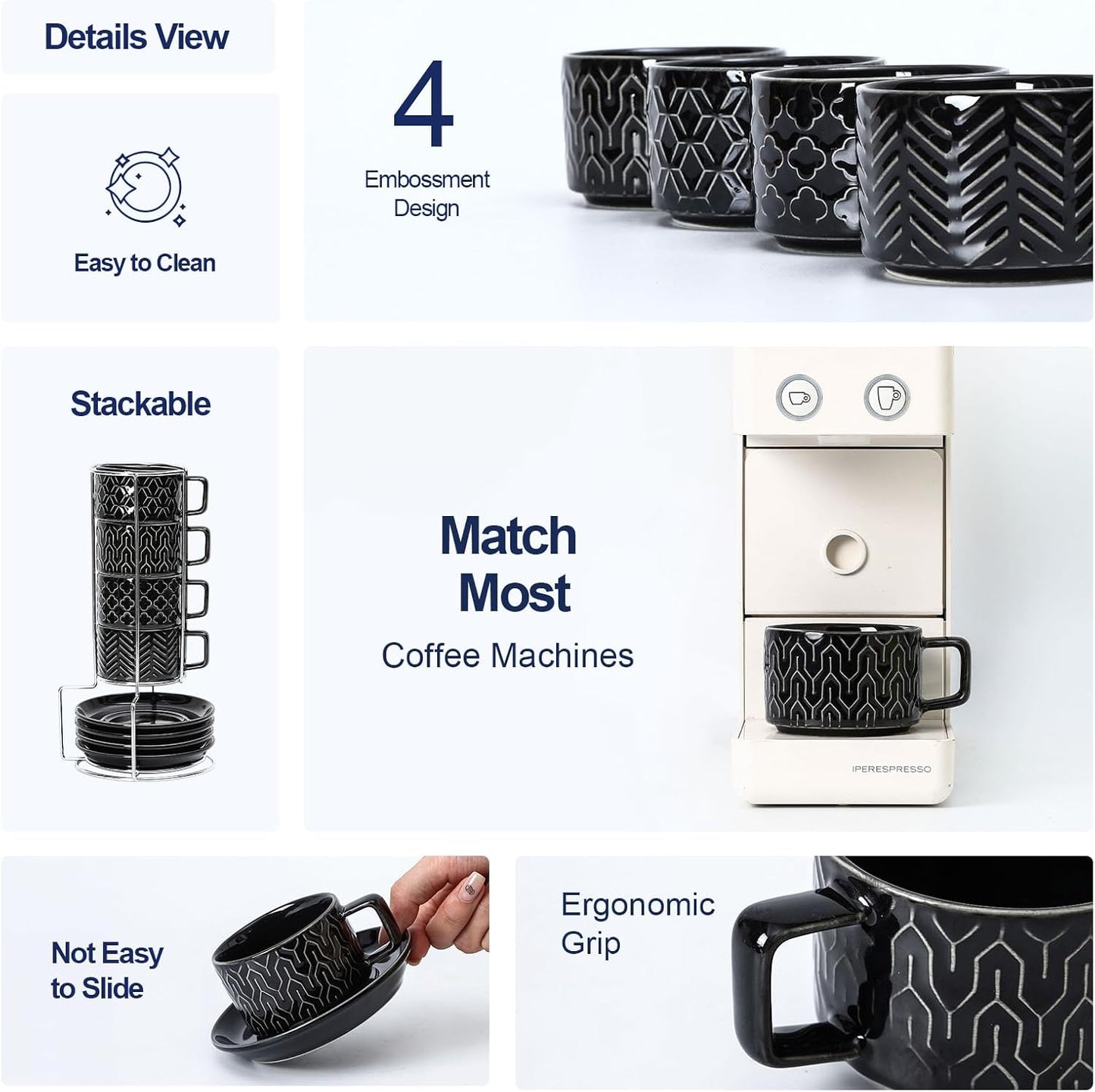Sureasy Ceramic Espresso Cups Set of 4 – 4 oz Black Stackable Cappuccino Cups with Saucers and Metal Stand, Embossed Mugs for Latte, Mocha, Tea, and Specialty Coffee