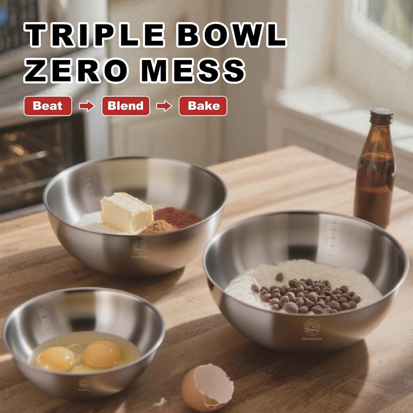 3-Piece Stainless Steel Mixing Bowls Set (6.69" 7.48" 8.27" inch) - Food Grade 304 with Measurement Marks, Dishwasher Safe & Stackable - Perfect for Baking, Salad Making, Meal Prep and Kitchen Use