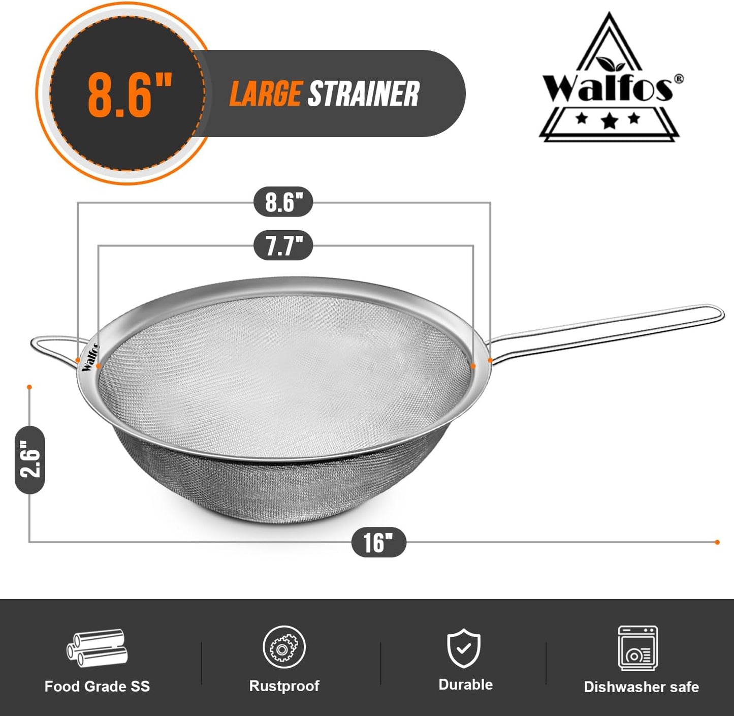 Walfos 8.6 Inch Large Fine Mesh Strainer, Kitchen Metal Food Strainers with Sturdy Handle, Stainless Steel 30 Mesh Sieve Sifters for Rice, Quinoa, Pasta, Fruits, Vegetables, etc.
