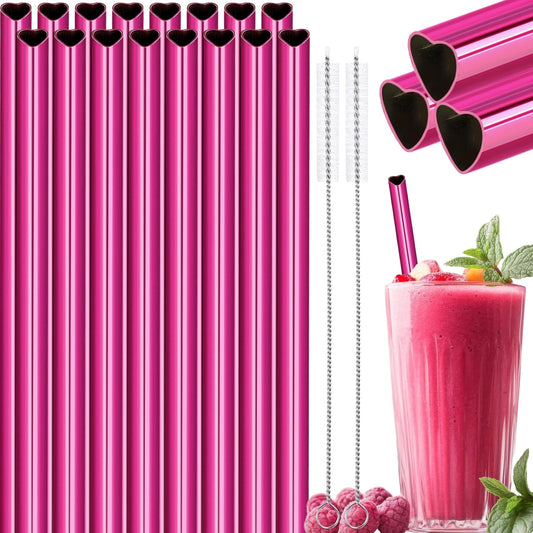 NiHome 16-Pack Heart-Shaped Stainless Steel Drinking Straws with 2 Cleaning Brushes, 8.5" Long Reusable Straws for Stanley Tumbler 14oz, Dishwasher Safe, Safe Edges for Kids (Pearl Hot Pink)