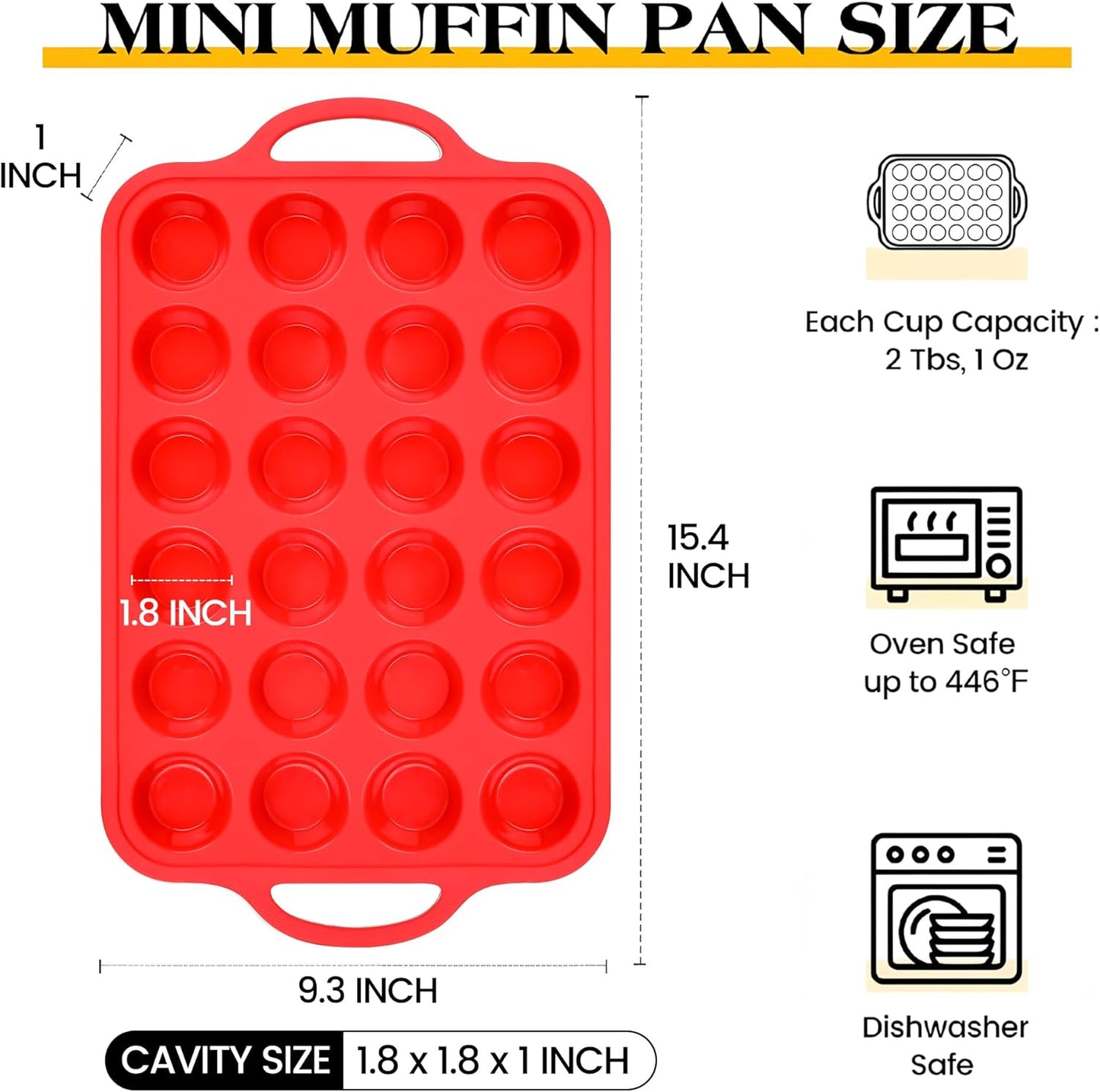 Silicone Mini Muffin Pan With Stainless Steel Reinforced Frame 24 Cups Nonstick Cupcake Molds for Baking Silicone Muffin Tray with Handles(2 Pcs, Red)