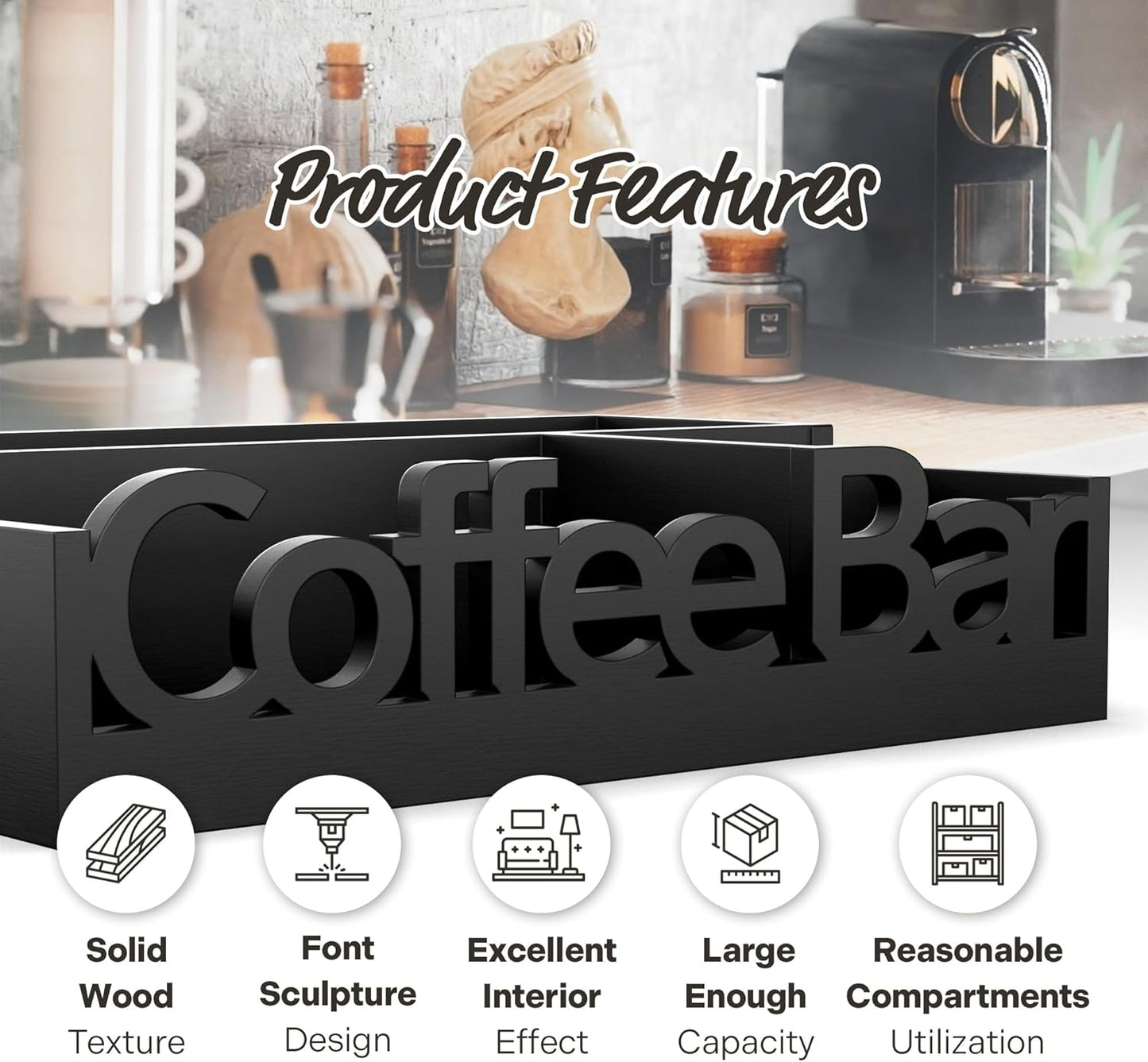 Coffee Bar Organizer for Countertop – Wooden Coffee Caddy with Compartments for Pods, Creamer, Sugar Packets, and Accessories – Coffee Station Storage for Home and Office (Black)