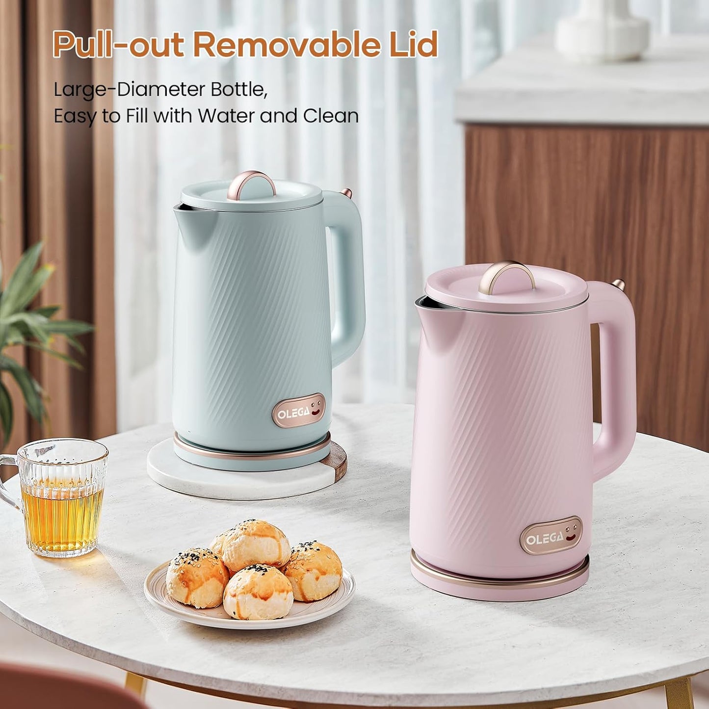 OLEGA Electric Kettle - 1500W Electric Tea Kettle 1.8L Stainless Steel Inner Electric Kettles for Boiling Water Auto Shut Off Boil-Dry Protection Electric Water Kettle for Coffee Tea Pink