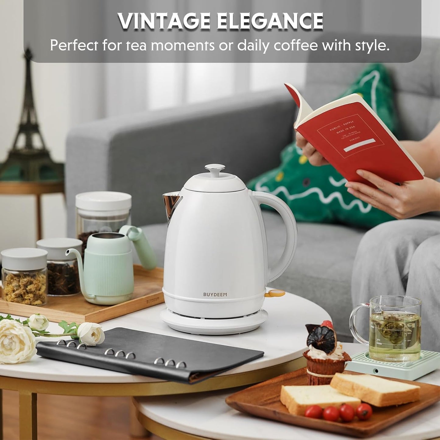 BUYDEEM K640 Stainless Steel Electric Tea Kettle with Auto Shut-Off and Boil Dry Protection, 1.7 Liter Cordless Hot Water Boiler with Swivel Base, 1440W, Arctic White