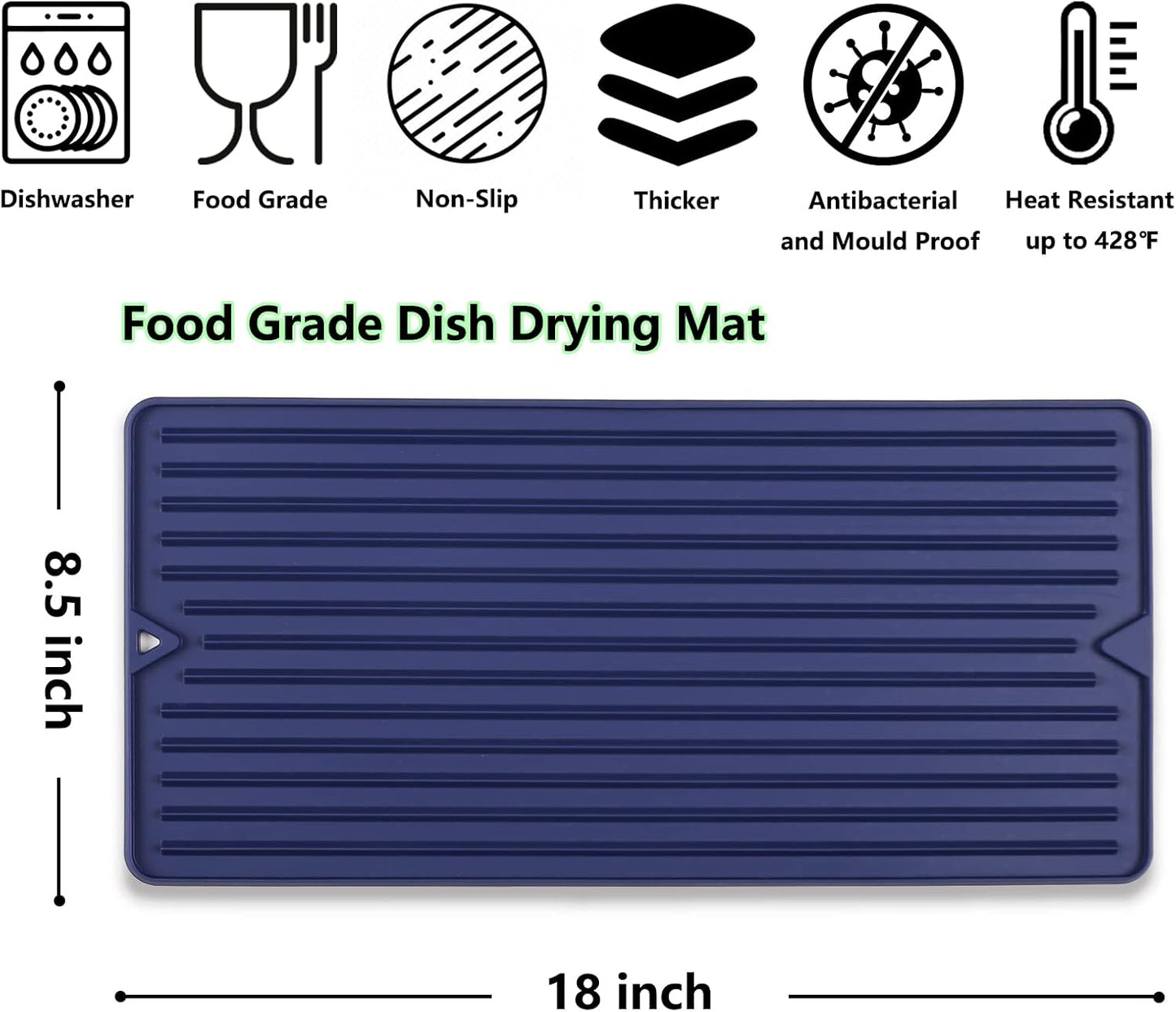 Dish Drying Mat, Small Silicone Drying Mat for Kitchen Counter, Heat Resistant Silicone Trivet for Countertop Protector, Super Thick Dish Drying Pad for Cup/Bottle/Glassware, Long & Narrow
