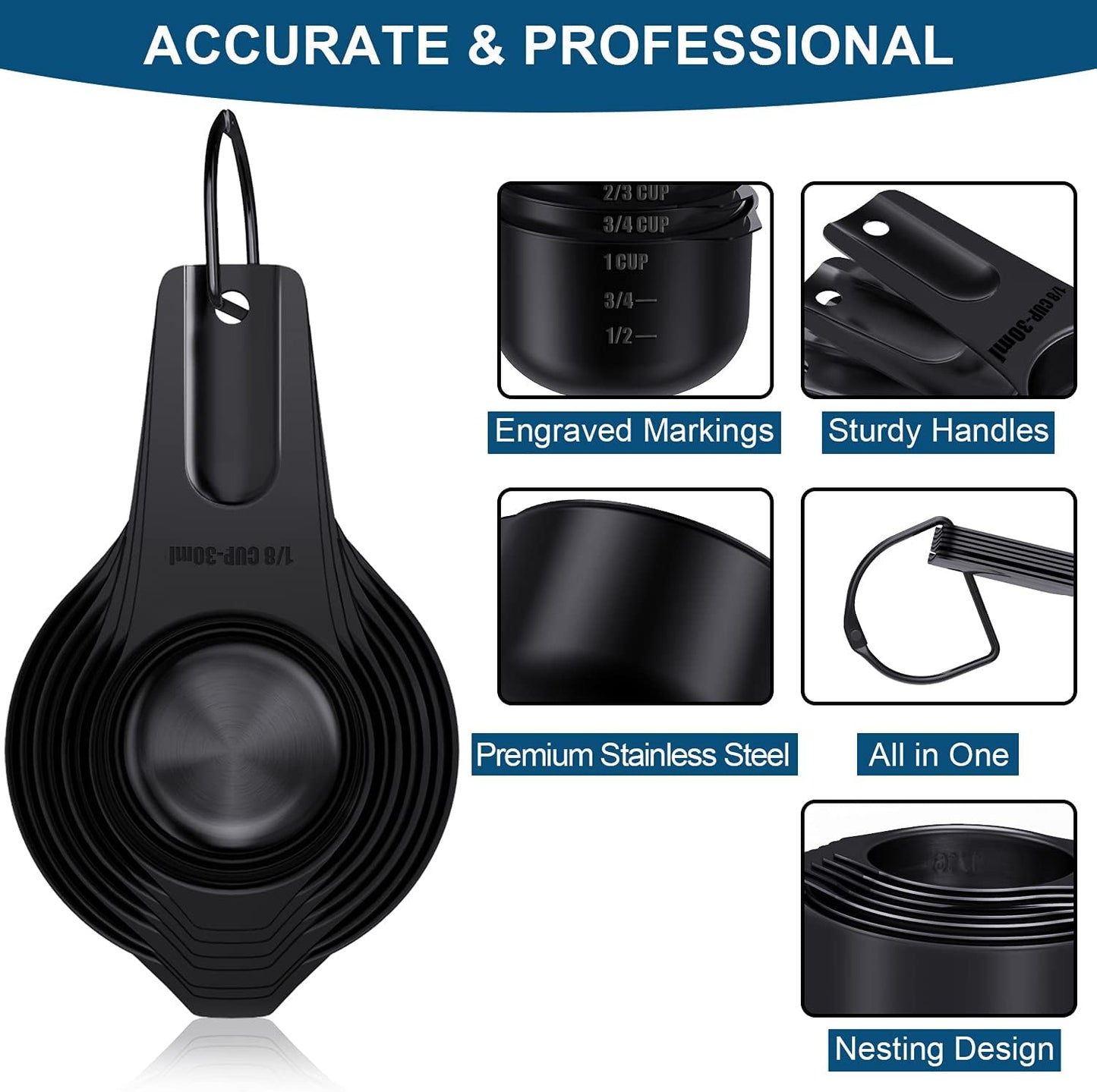 Wildone Black Measuring Cups & Spoons Set of 21 - Includes 7 Stainless Steel Nesting Measuring Cups, 8 Measuring Spoons, 1 Leveler & 5 Mini Measuring Spoons, Ideal for Dry & Liquid Ingredients