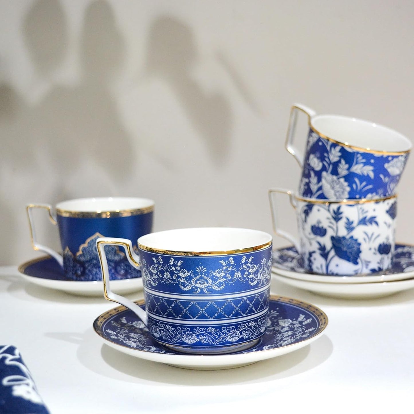 ACMLIFE Bone China Tea Cups and Saucers Set of 4, 6.8 oz Blue and White Tea Cups Set of 4, with Gold Trim and Gift Box (Blue-4)