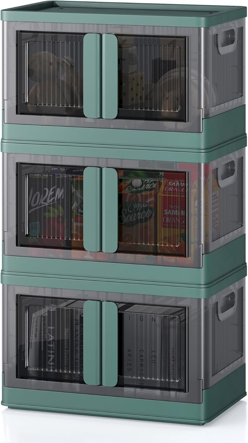 8.4Gal Collapsible Storage Bins with Lids & Wheels - 3 Pack Stackable with Doors, Heavy-Duty Plastic Containers for Home/Office, Green
