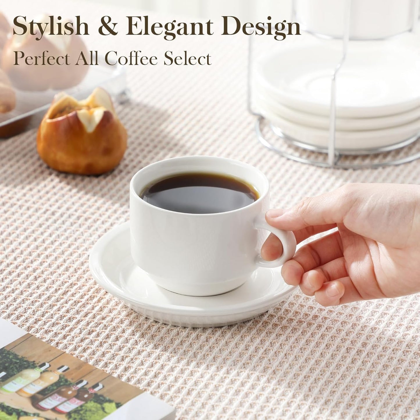 MALACASA 8 OZ Porcelain Espresso Cups with Saucers and Metal Stand Set of 4, Stackable Cappuccino Cups, White Expresso Shots Cup Set for Coffee Drinks, Latte, Tea