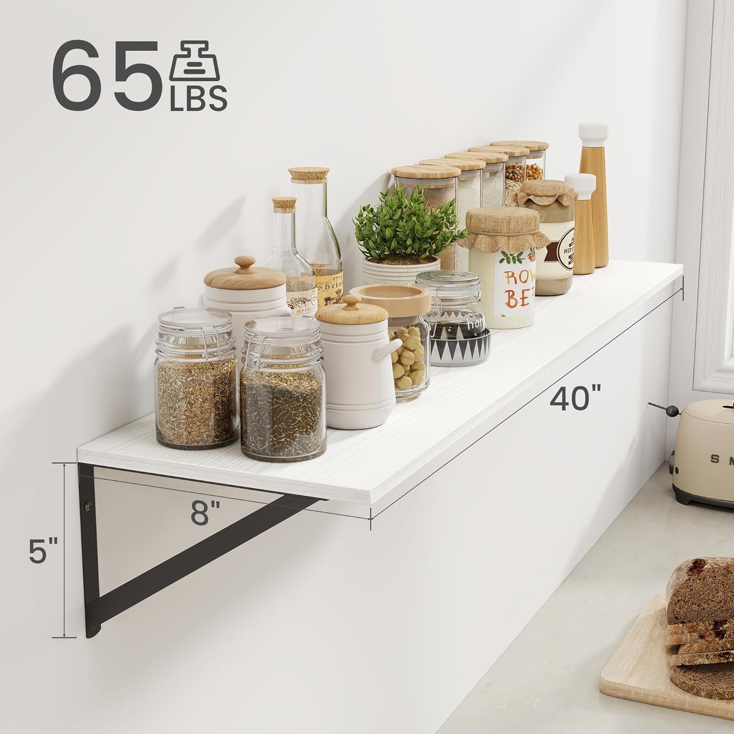 Heimlove White Deep Floating Shelves for Wall, 40W x 8D Wood Wall Shelves Set of 2, Wide Floating Bookshelf for Living Room, Kitchen, Office, Bedroom and Decor Storage, with Black Bracket - White