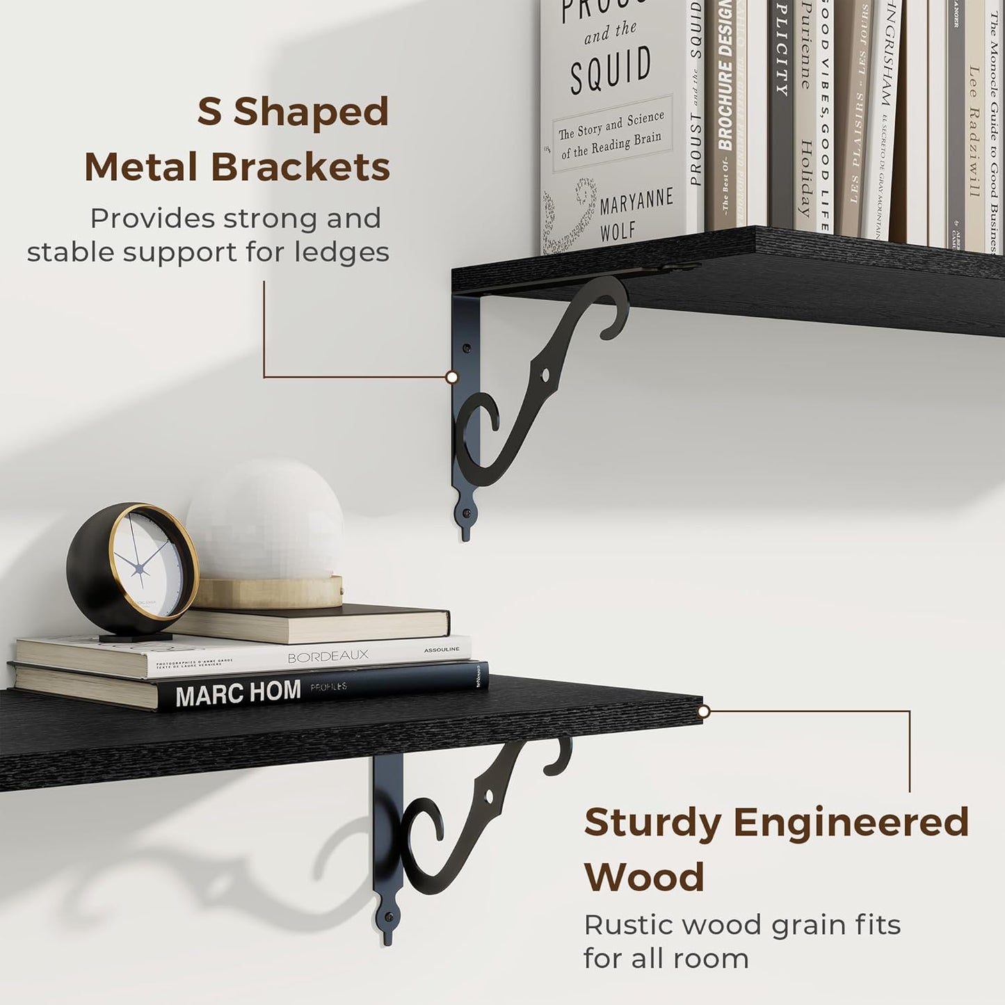 RICHFOCUS 12 Inch Deep Floating Shelves for Wall, 16" W x 12" D Black Wood Wall Shelves Set of 2, Wide Floating Shelves for Living Room, Bedroom, Kitchen, Bathroom and Decor Storage, Black