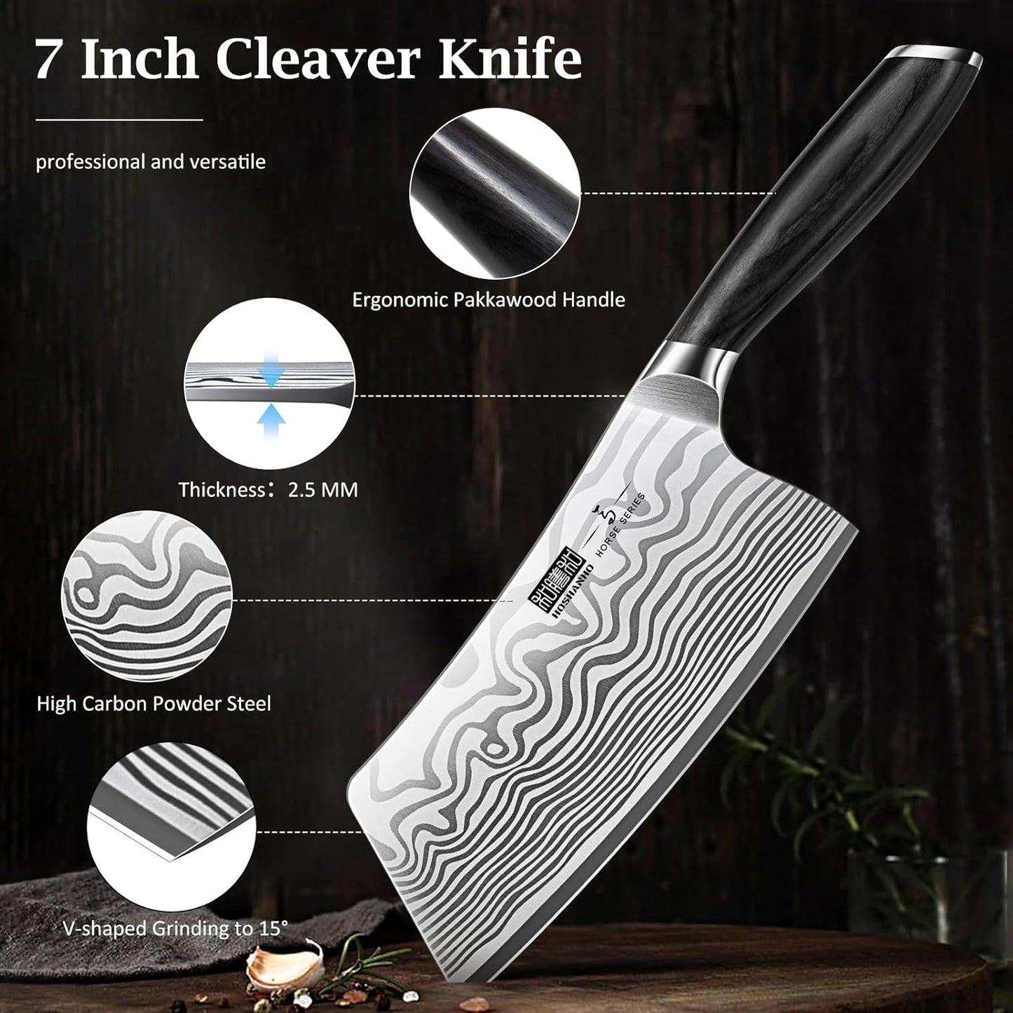 Cleaver Knife 7 Inch, Razor Sharp High Carbon Powder Steel Meat Cleaver, Professional Butcher Chopper Kitchen Knife for Meat Cutting Vegetable Slicing