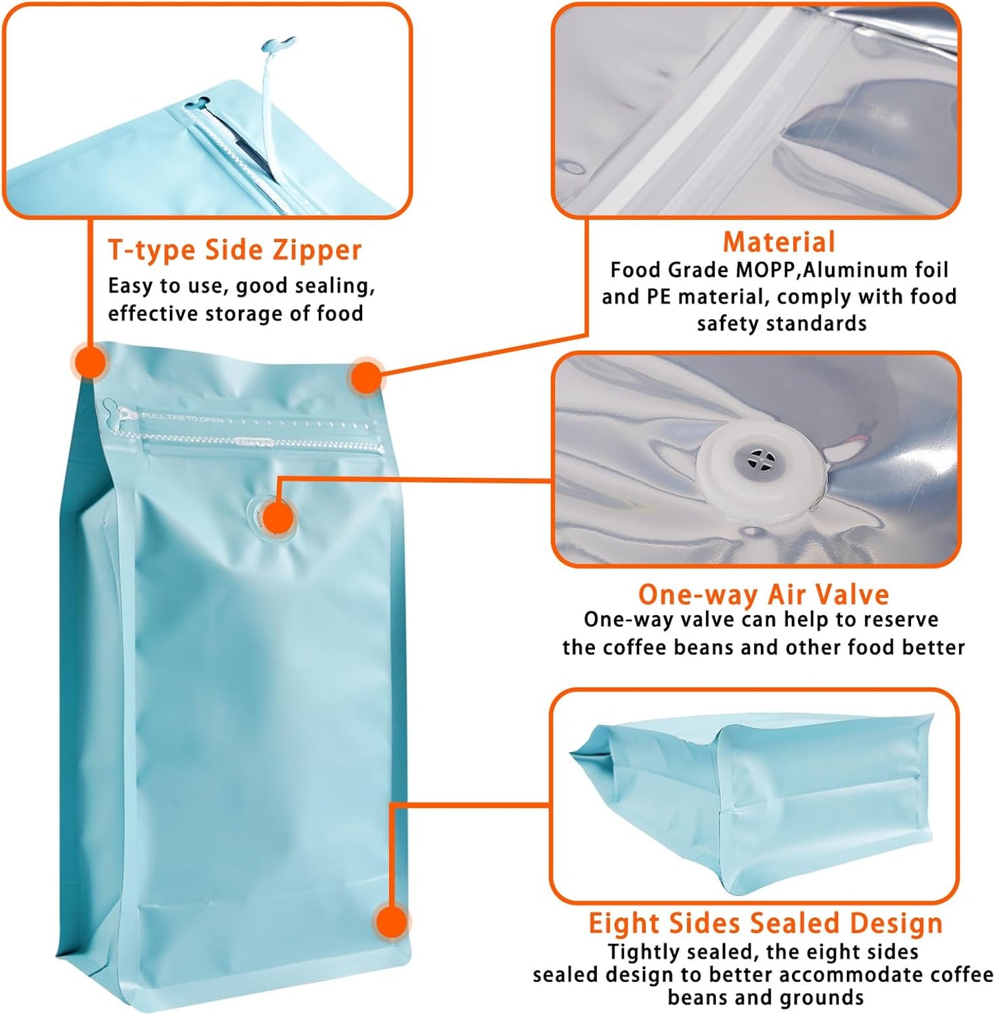 Coffee Bags with Valve (50 PCS,16oz/1lb) Blue High Barrier Aluminum Foil Flat Bottom Standing Coffee Beans Storage Packaging Bags, Reusable Heat Seal Side Zipper Pouches for Small Business and Home