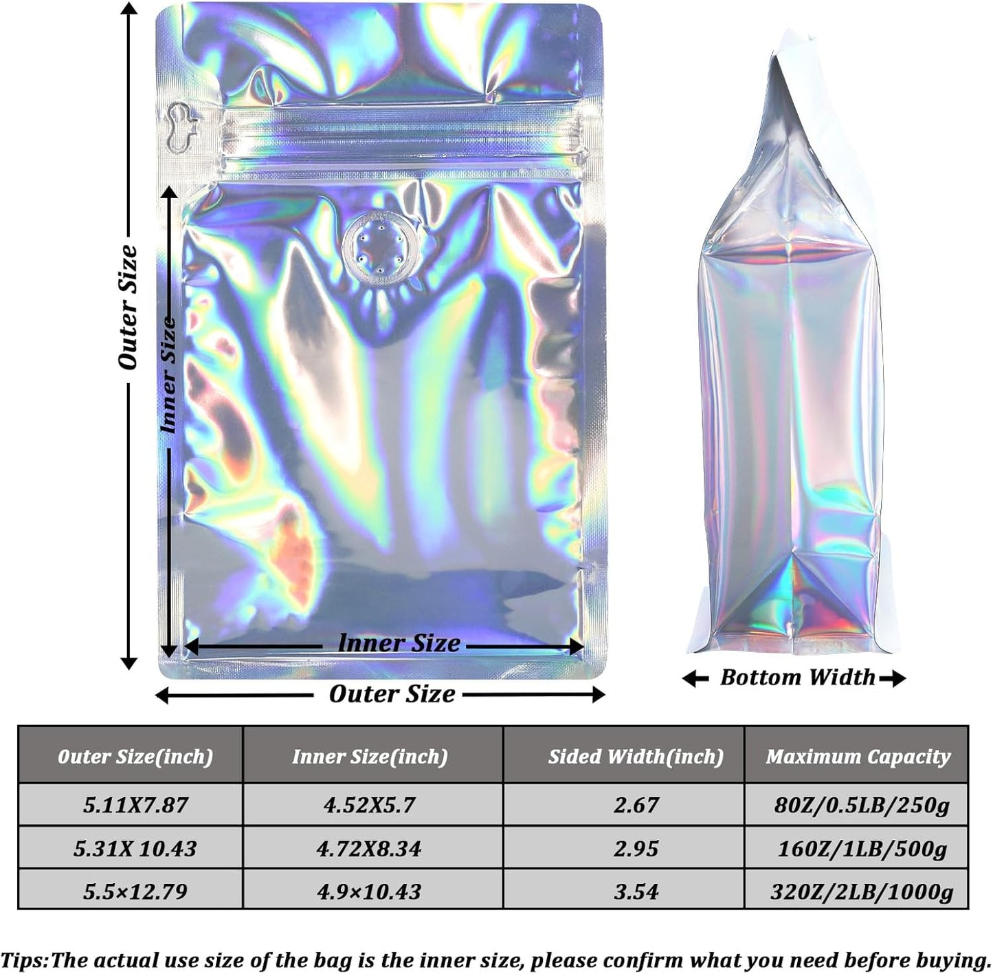 Coffee Bags with Valve (50 PCS,8oz/0.5lb) Holographic High Barrier Aluminum Foil Flat Bottom Standing Coffee Beans Storage Packaging Bags, Reusable Heat Seal Side Zipper Pouches for Small Business