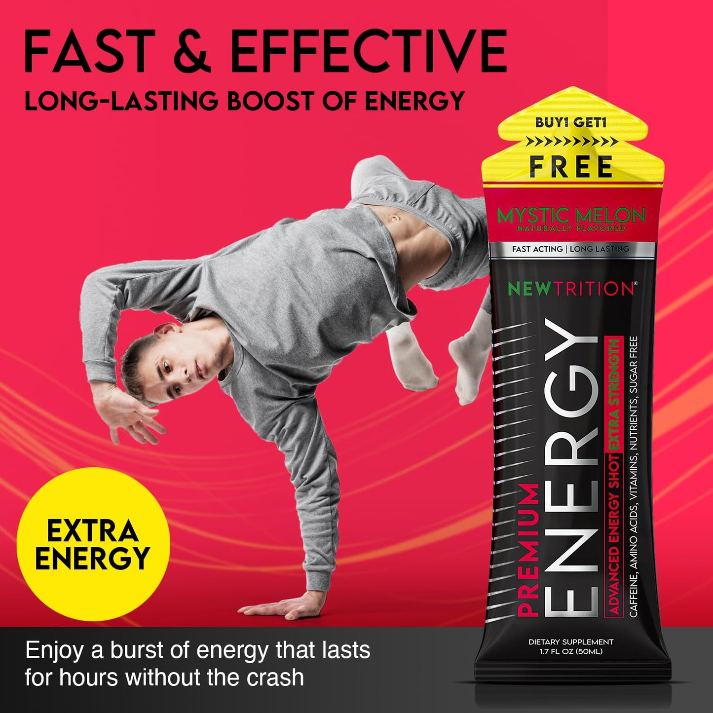 NewTrition® Extra Strength Energy Shots, 250mg Caffeine Energy Shots with Vitamin B & Amino Acids, Sugar-Free Vitamin Energy Shot, 1.7 fl oz (Pack of 6, Mystic Melon)